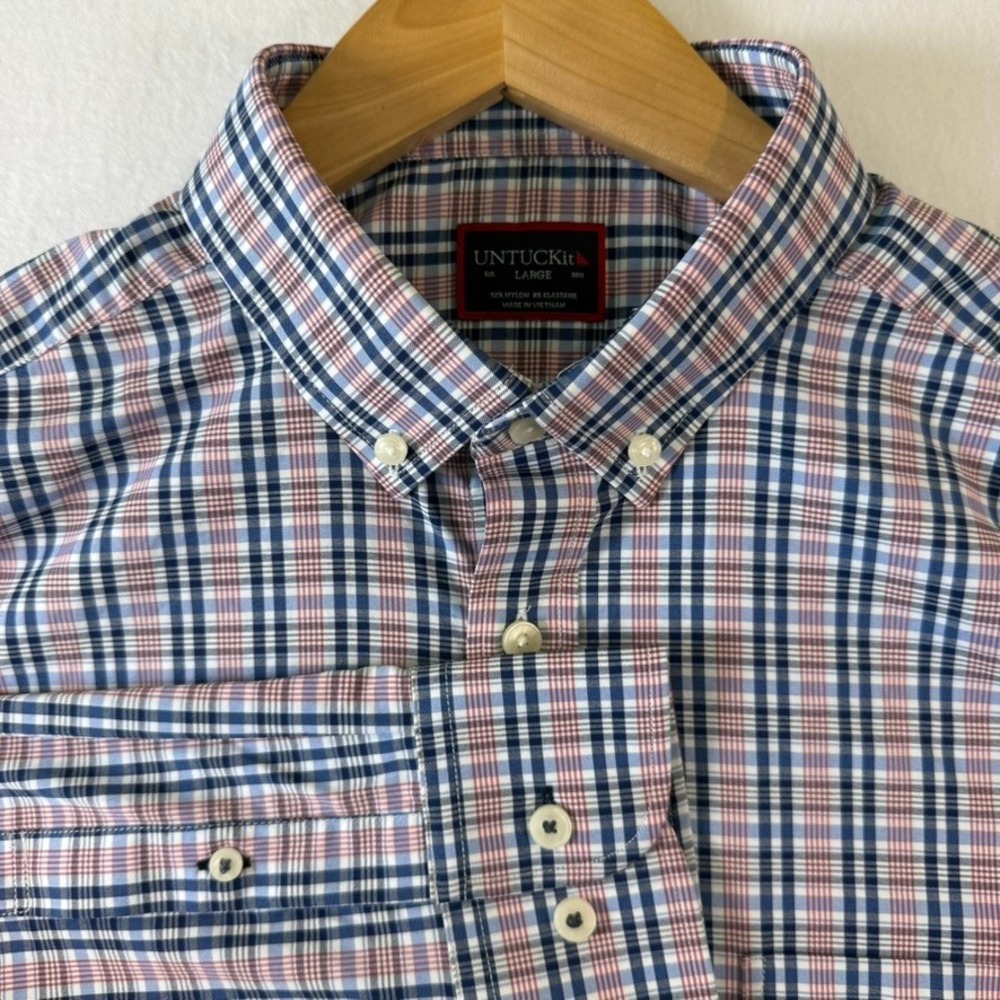 UNTUCKit Nathanson Plaid Performance Shirt Large Blue Red Regular Fit